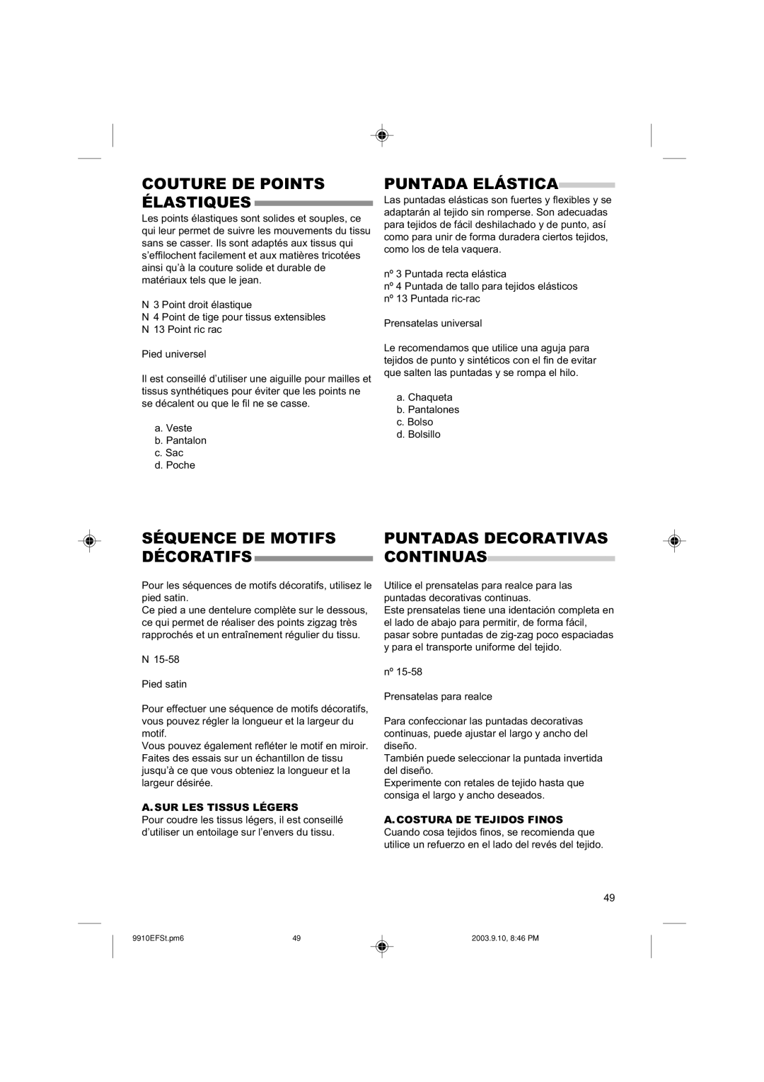 Singer 9910EFSC.PM6 instruction manual Couture DE Points Élastiques, Puntada Elástica, SUR LES Tissus Légers 