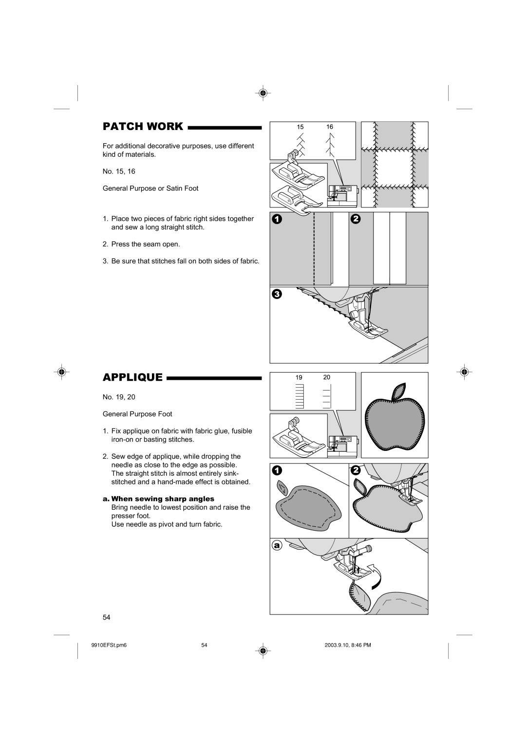 Singer 9910EFSC.PM6 instruction manual Patch Work, Applique, When sewing sharp angles 