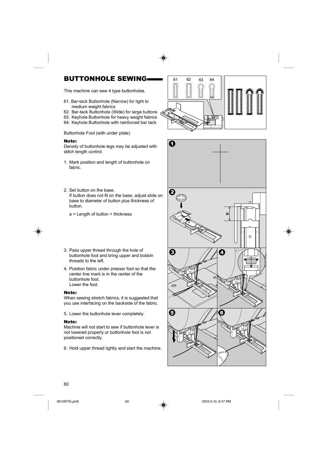 Singer 9910EFSC.PM6 instruction manual Buttonhole Sewing 