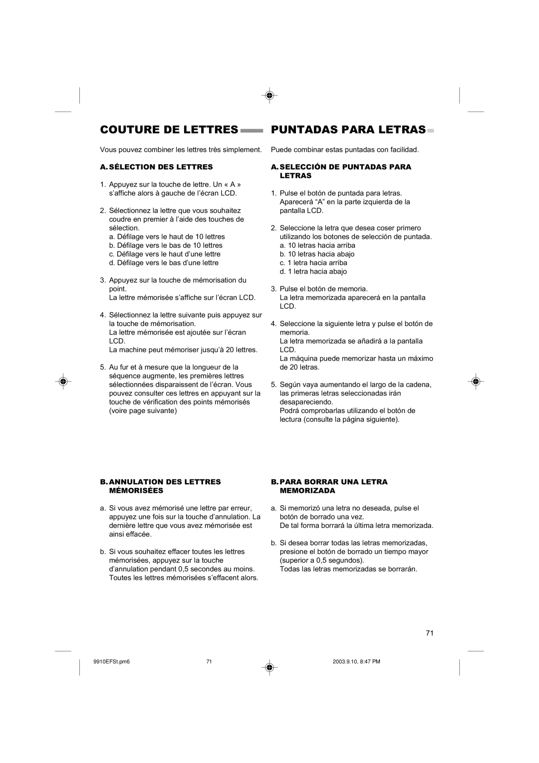 Singer 9910EFSC.PM6 Couture DE Lettres Puntadas Para Letras, Sélection DES Lettres, Selección DE Puntadas Para Letras 