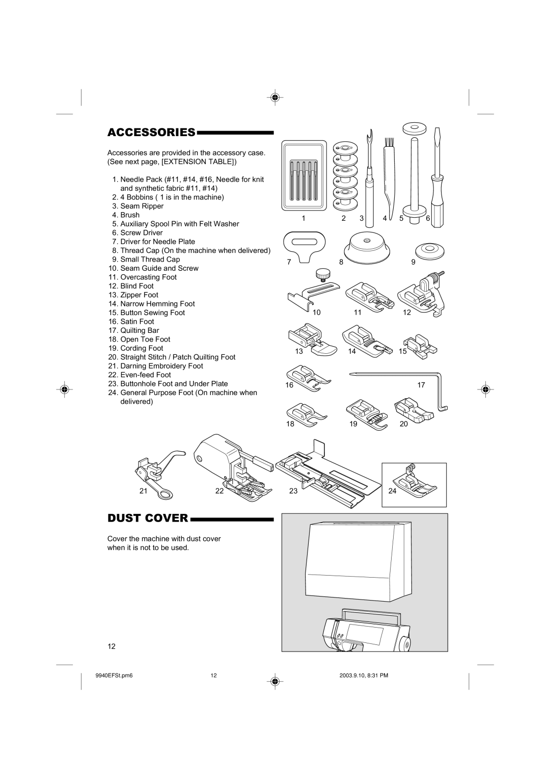 Singer 9940 instruction manual Accessories, Dust Cover 