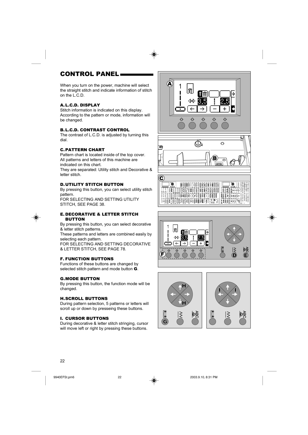 Singer 9940 instruction manual Control Panel 