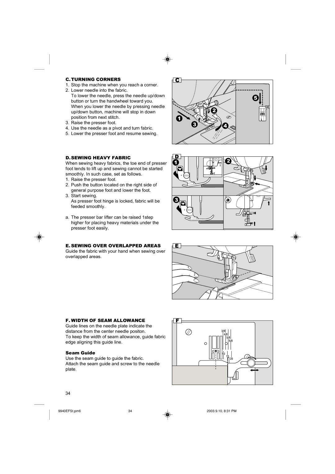 Singer 9940 instruction manual Turning Corners, Sewing Heavy Fabric, Seam Guide 