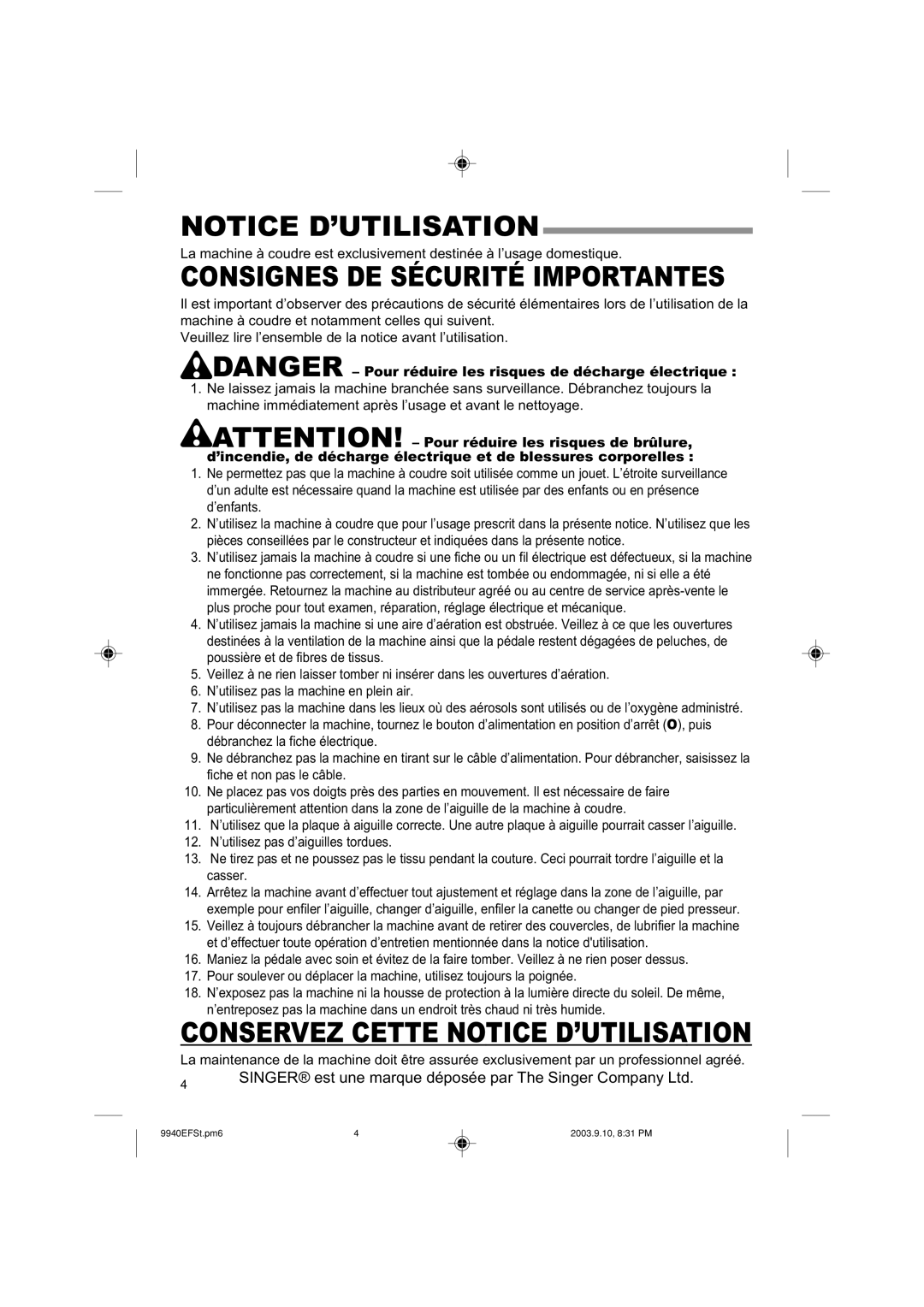 Singer 9940 instruction manual Consignes DE Sécurité Importantes 