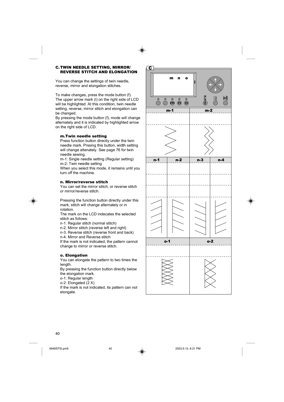 Singer 9940 instruction manual Twin needle setting, Mirror/reverse stitch, Elongation 