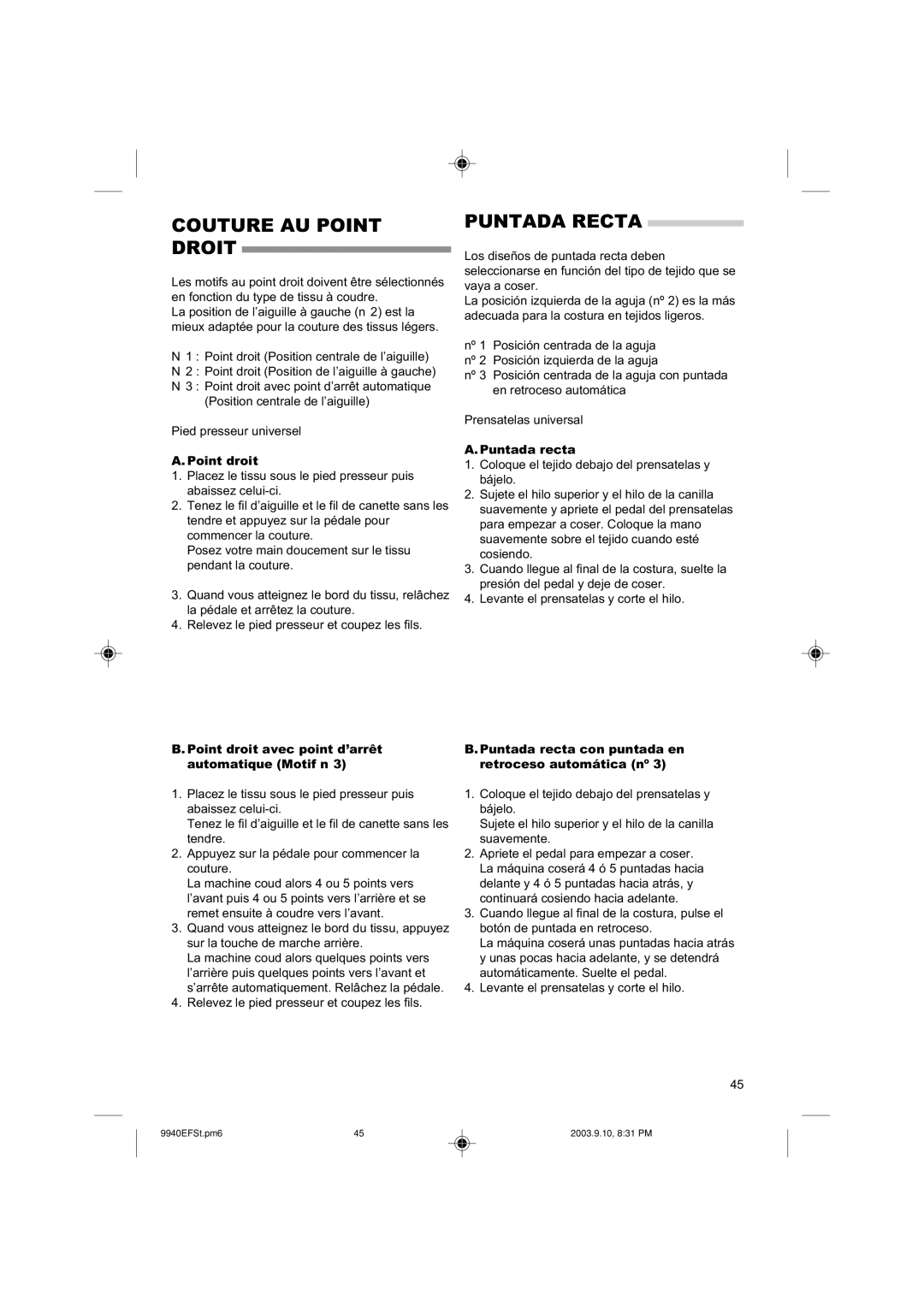 Singer 9940 instruction manual Couture AU Point Droit, Puntada Recta, Point droit, Puntada recta 