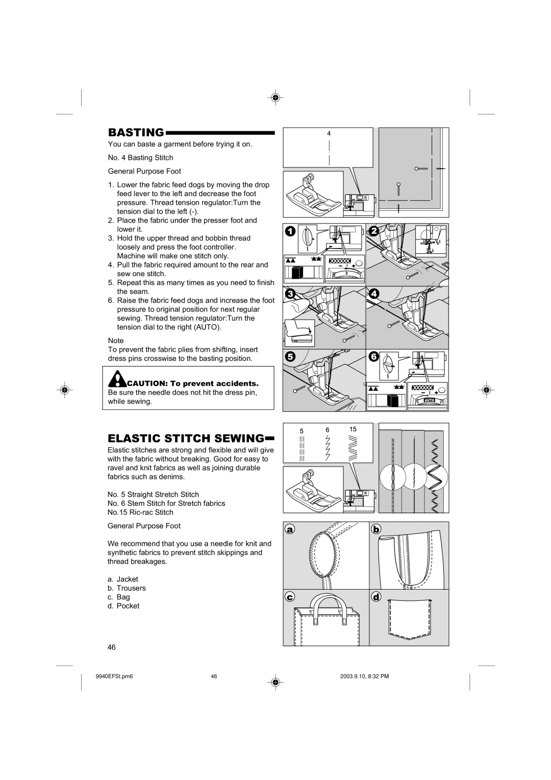 Singer 9940 instruction manual Basting, Elastic Stitch Sewing 