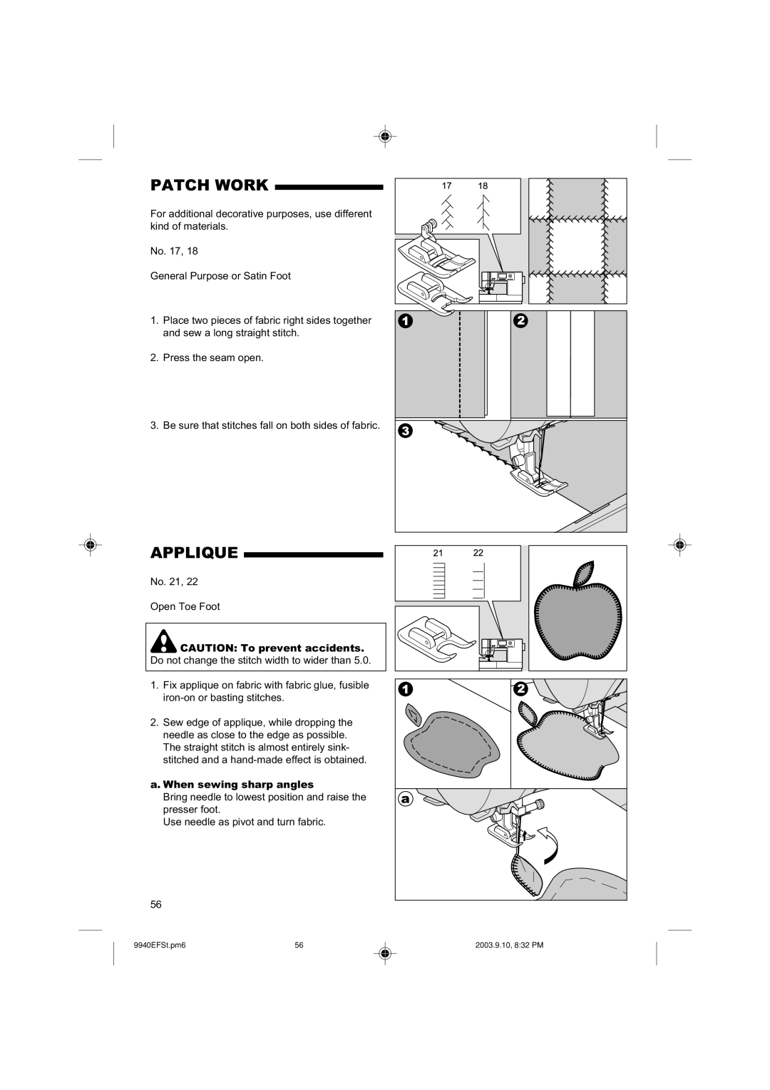 Singer 9940 instruction manual Patch Work, Applique, When sewing sharp angles 