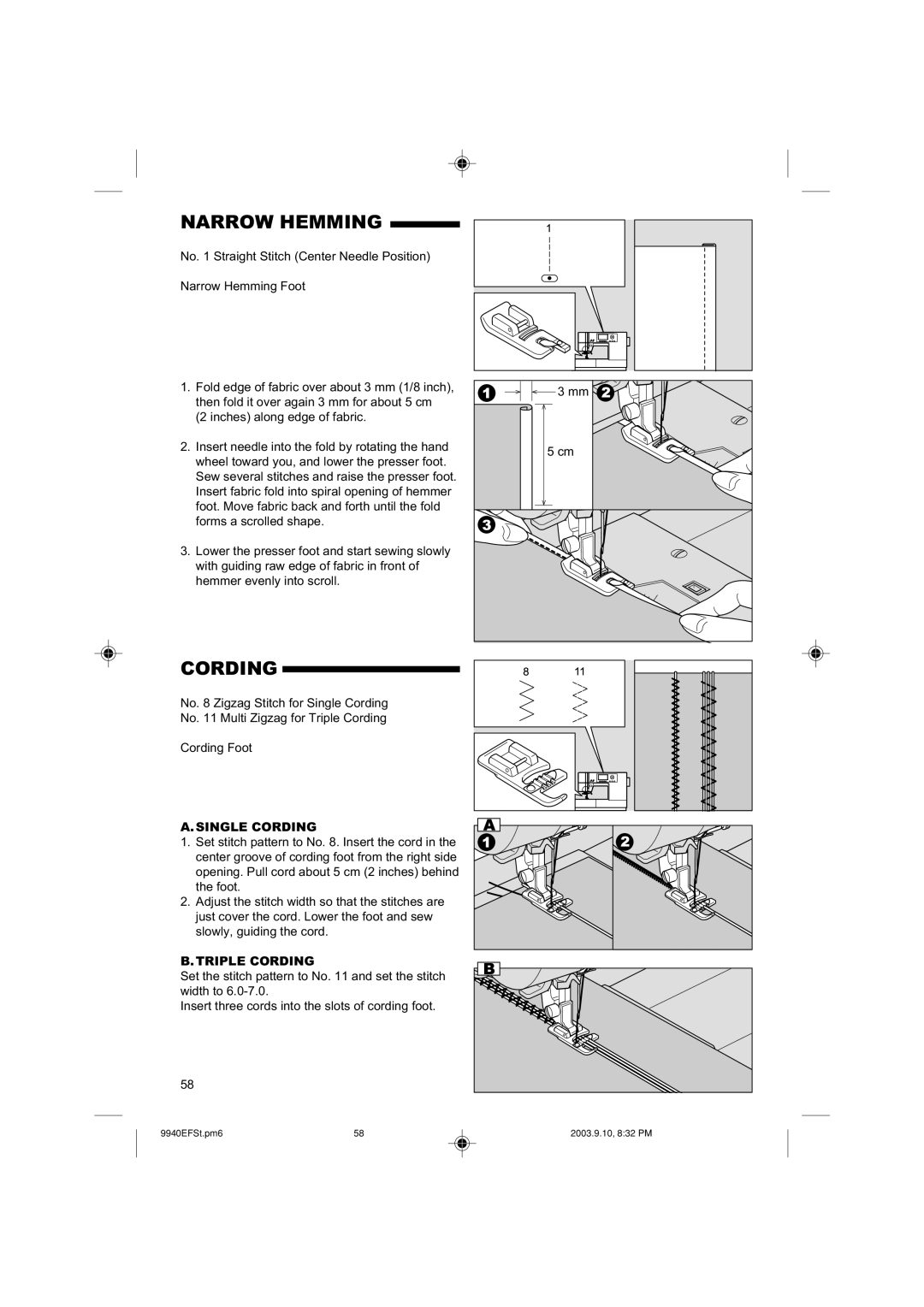 Singer 9940 instruction manual Narrow Hemming, Single Cording, Triple Cording 