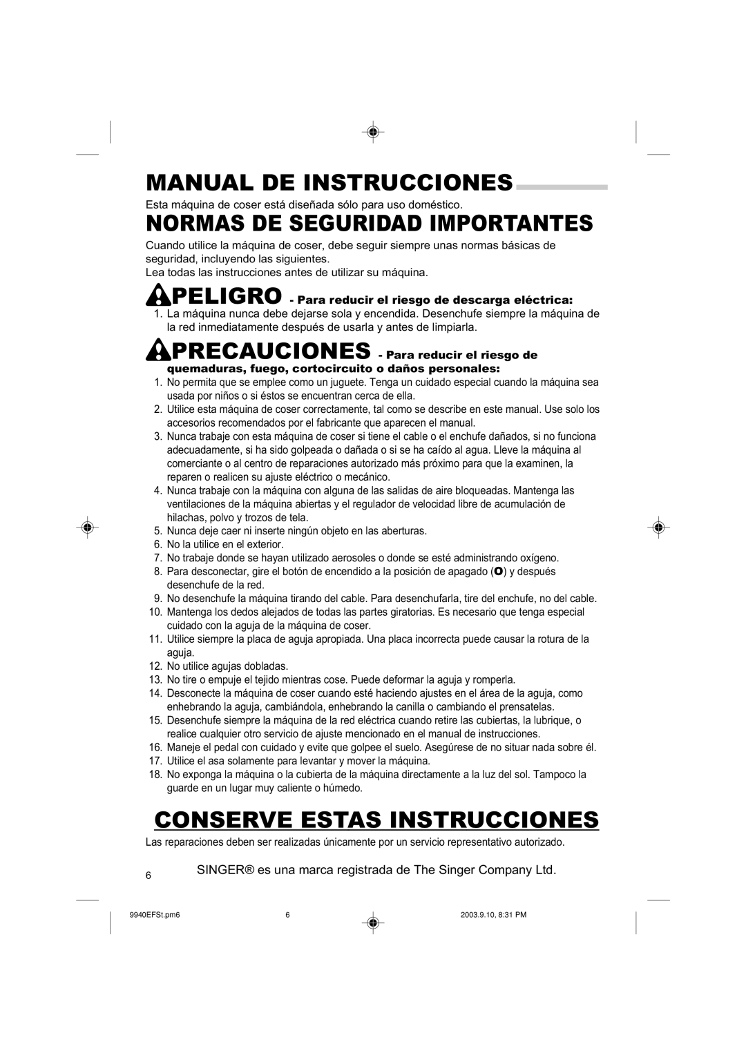 Singer 9940 instruction manual Manual DE Instrucciones 