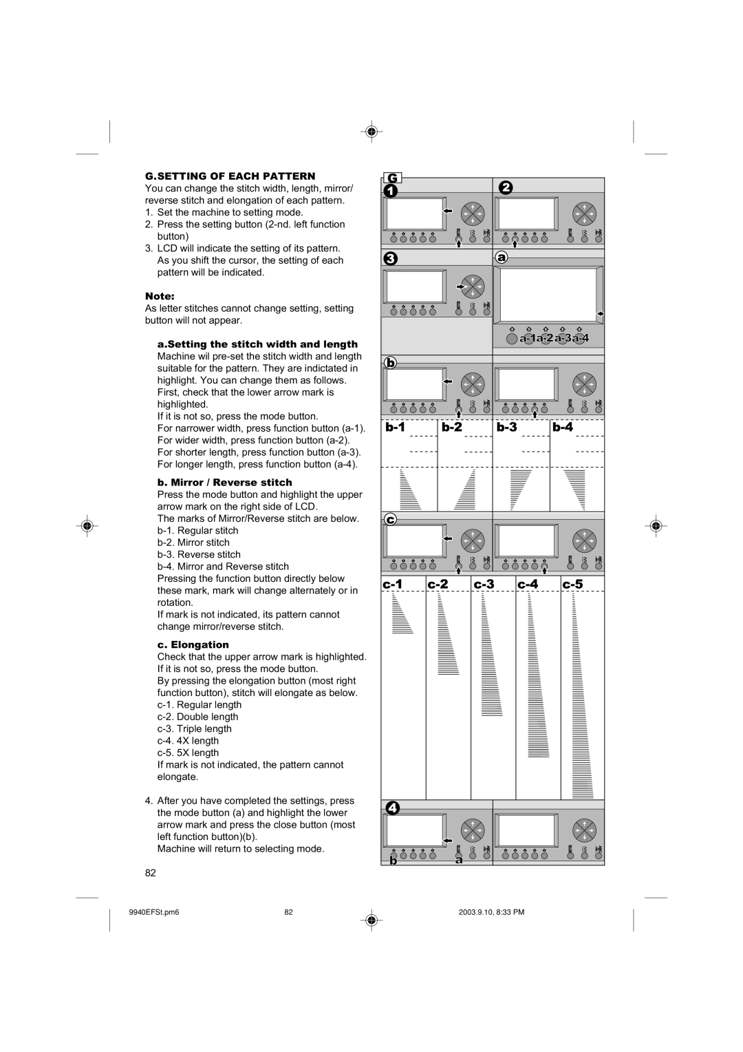 Singer 9940 instruction manual Setting of Each Pattern, Mirror / Reverse stitch 