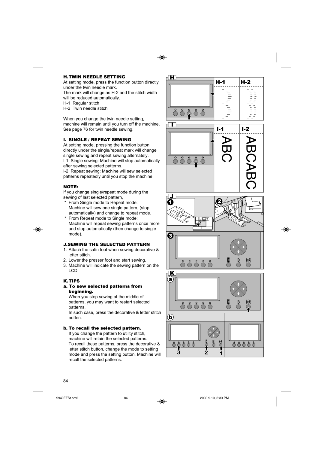 Singer 9940 instruction manual Twin Needle Setting, Single / Repeat Sewing, Sewing the Selected Pattern, Tips 