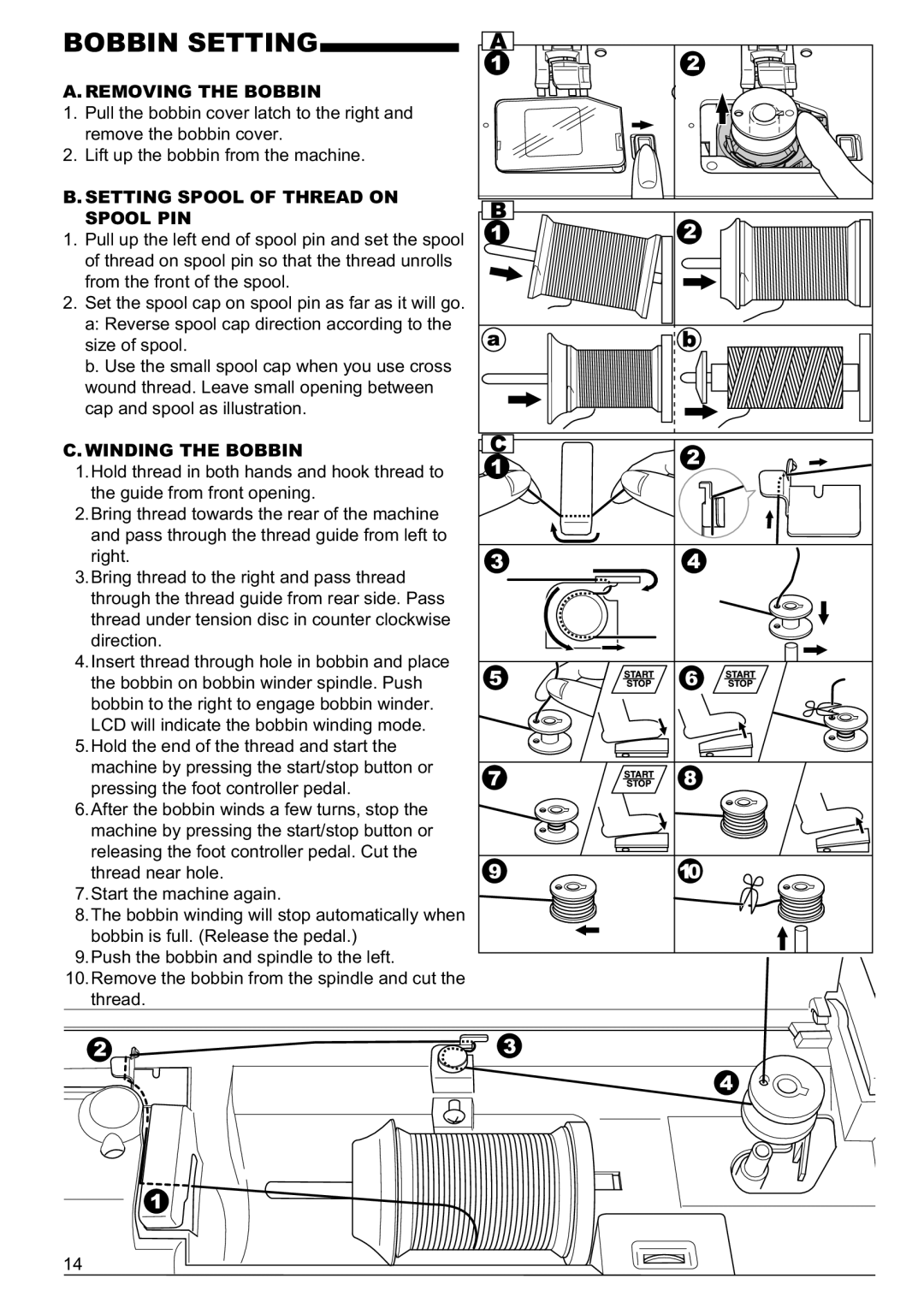 Singer 9960 Bobbin Setting, Removing the Bobbin, Setting Spool of Thread on Spool PIN, Winding the Bobbin 