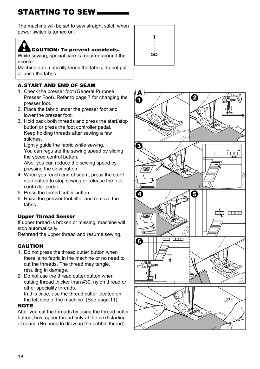 Singer 9960 instruction manual Starting to SEW, Start and END of Seam, Upper Thread Sensor 