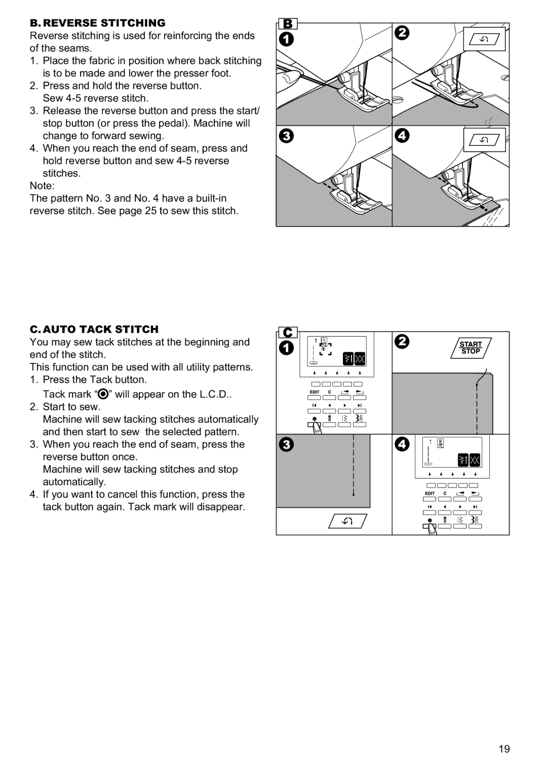 Singer 9960 instruction manual Reverse Stitching, Auto Tack Stitch 