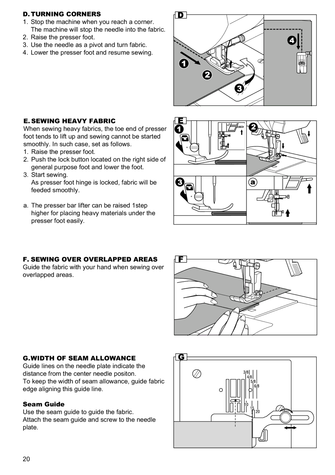 Singer 9960 instruction manual Turning Corners, Sewing Heavy Fabric, Seam Guide 