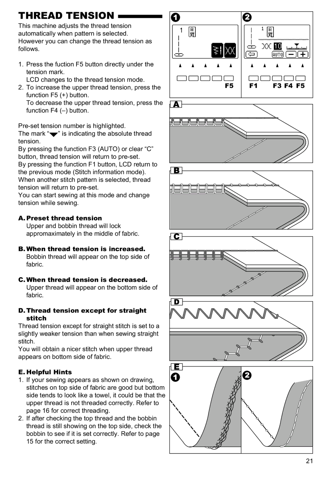 Singer 9960 instruction manual Thread Tension, F3 F4 F5, Helpful Hints 