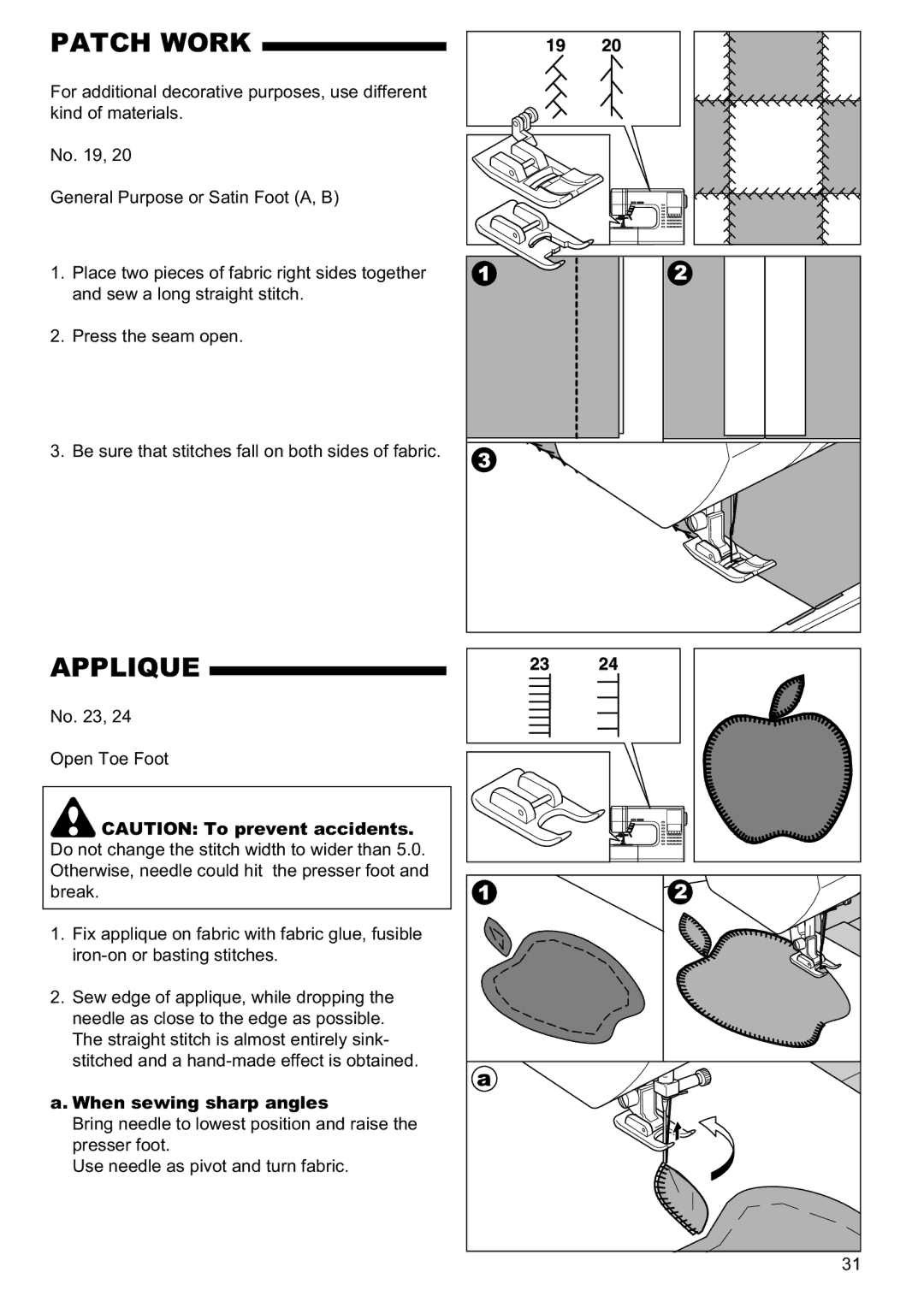 Singer 9960 instruction manual Patch Work, Applique, When sewing sharp angles 