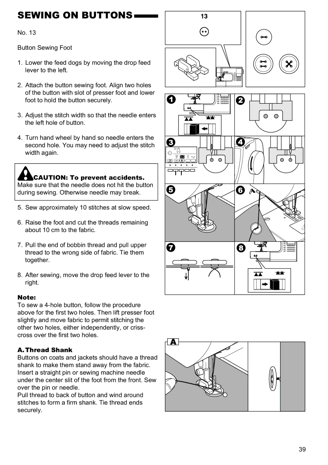 Singer 9960 instruction manual Sewing on Buttons, Thread Shank 