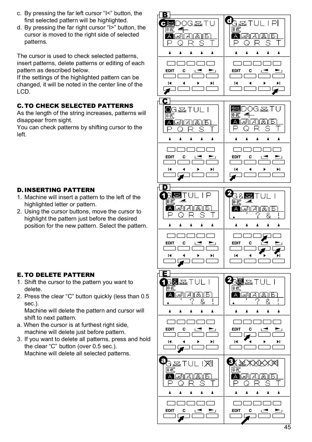 Singer 9960 instruction manual To Check Selected Patterns, Inserting Pattern, To Delete Pattern 