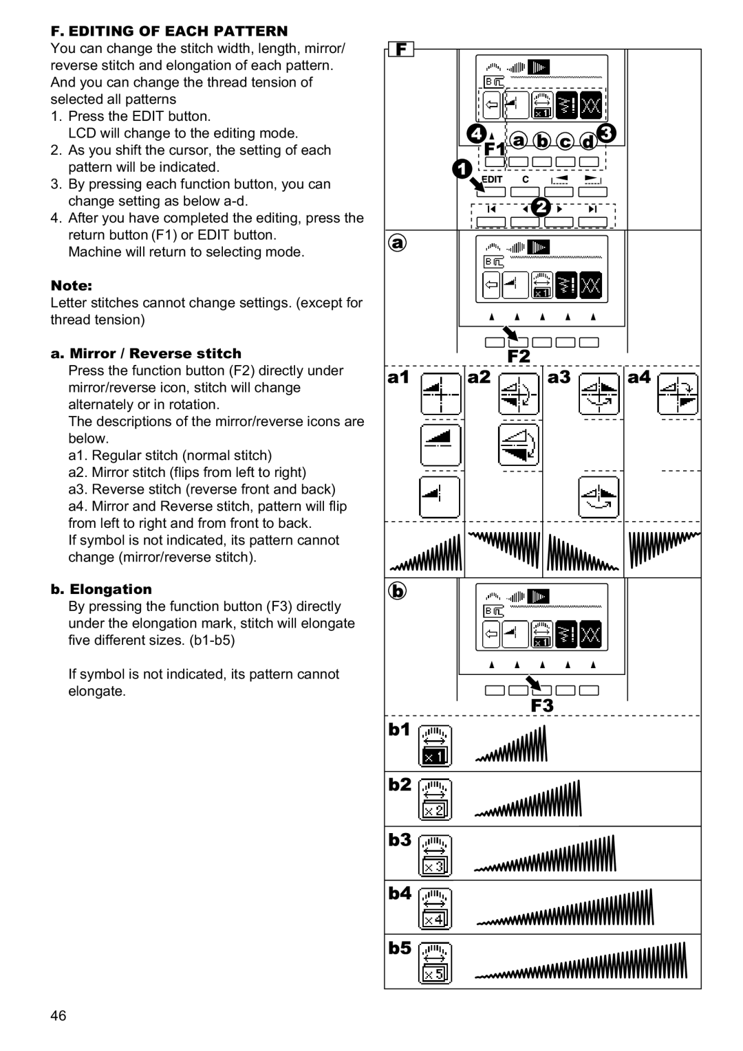 Singer 9960 instruction manual Editing of Each Pattern, Mirror / Reverse stitch, Elongation 