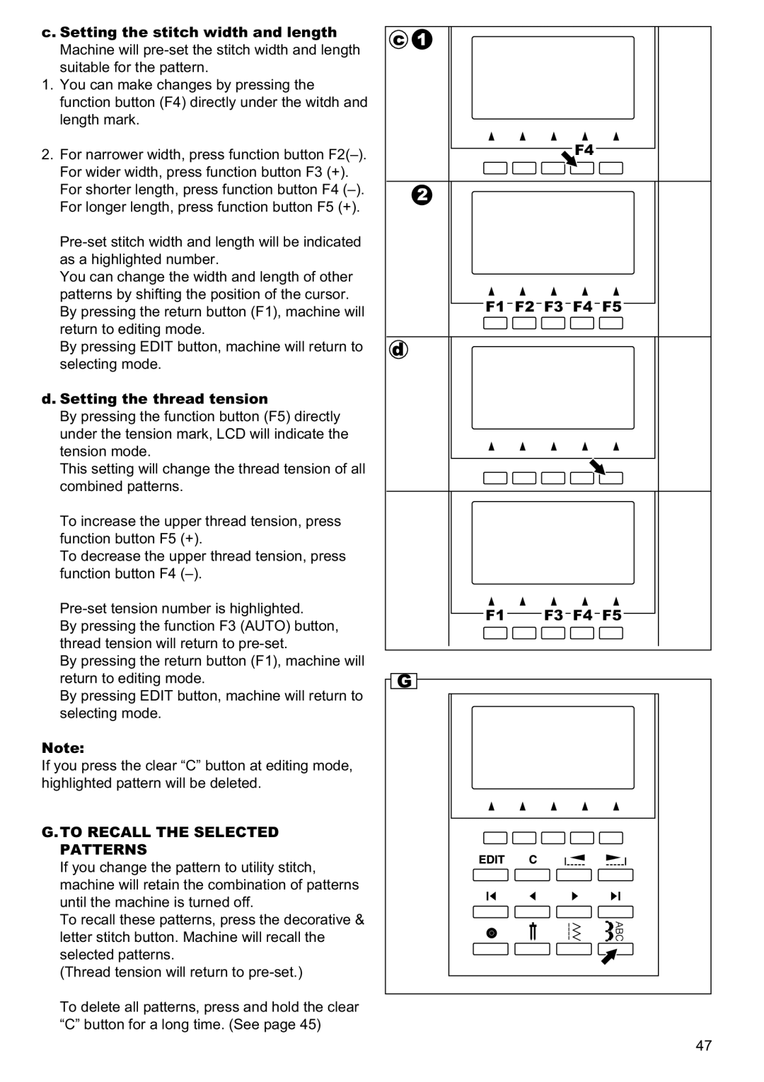 Singer 9960 instruction manual Setting the thread tension, To Recall the Selected Patterns, F1 F2 F3 F4 F5 F1 F3 F4 F5 