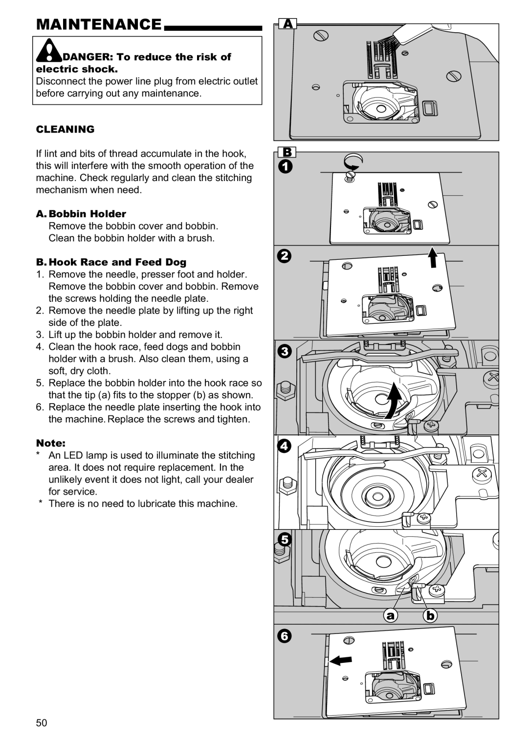 Singer 9960 instruction manual Maintenance, Cleaning, Bobbin Holder, Hook Race and Feed Dog 