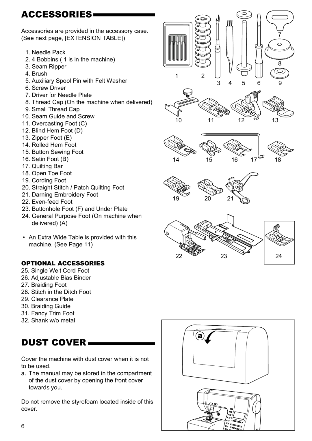 Singer 9960 instruction manual Dust Cover, Optional Accessories 