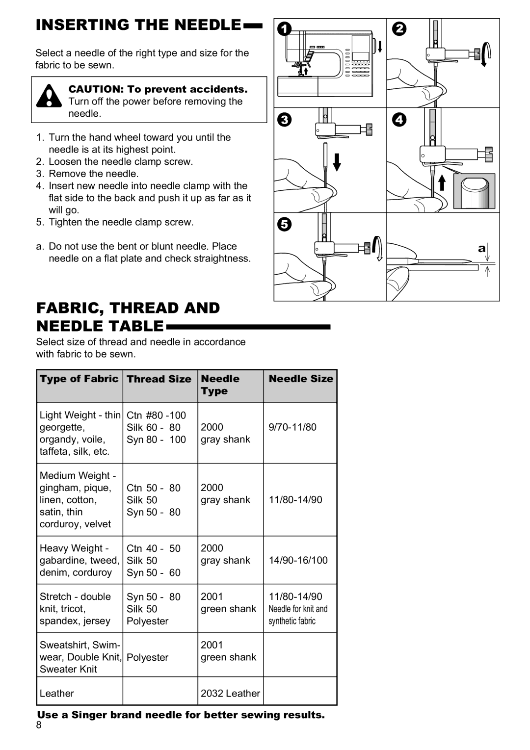 Singer 9960 Inserting the Needle, FABRIC, Thread Needle Table, Type of Fabric Thread Size Needle Needle Size 