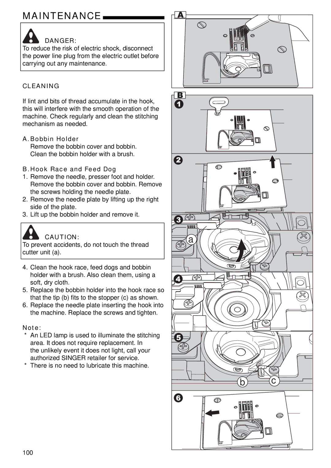 Singer 9985 instruction manual Maintenance, Cleaning, Bobbin Holder, Hook Race and Feed Dog 