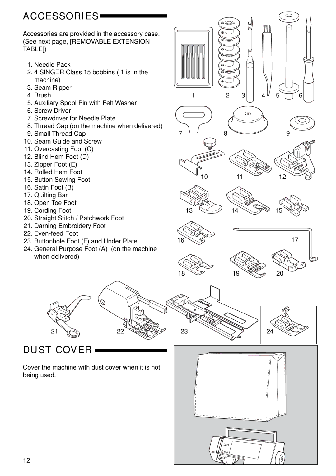 Singer 9985 instruction manual Accessories, Dust Cover, Cover the machine with dust cover when it is not being used 