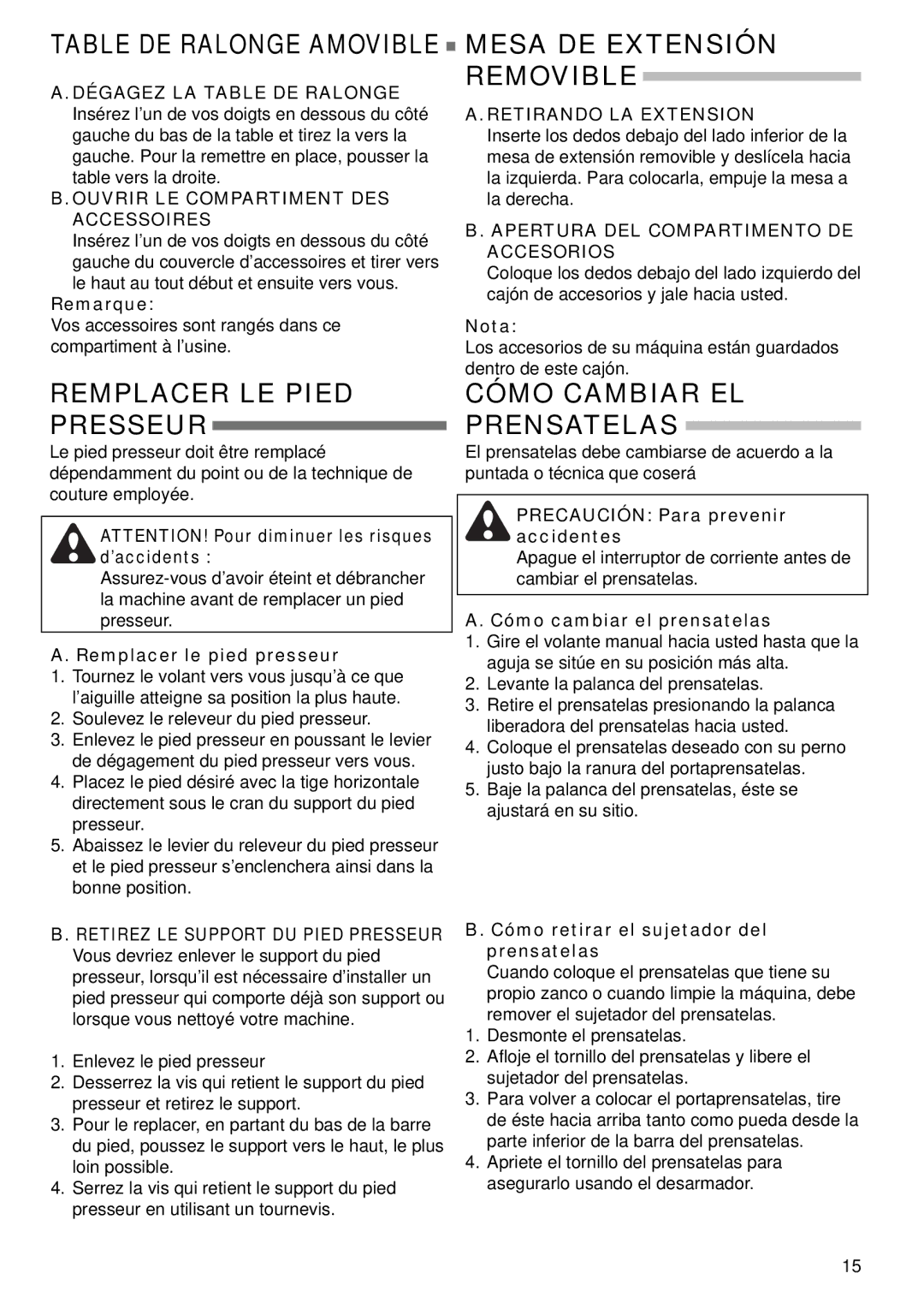 Singer 9985 instruction manual Remplacer LE Pied Presseur, Mesa DE Extensión Removible, Cómo Cambiar EL Prensatelas 