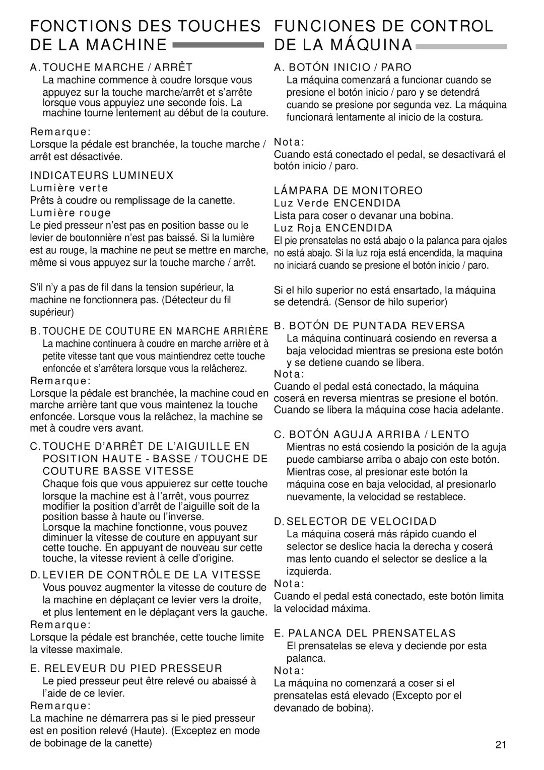 Singer 9985 instruction manual Touche Marche / Arrêt, Indicateurs Lumineux, Releveur DU Pied Presseur, Botón Inicio / Paro 