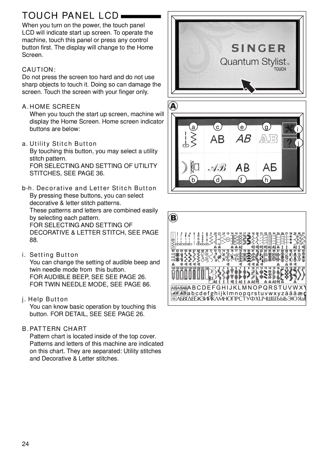 Singer 9985 instruction manual Touch Panel LCD, Home Screen, Pattern Chart 