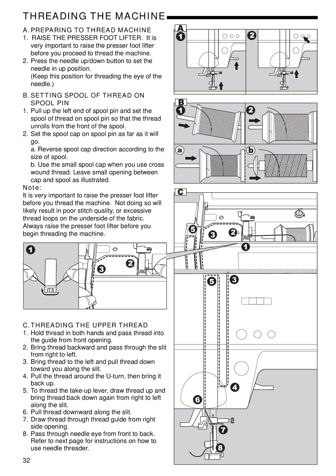 Singer 9985 instruction manual Threading the Machine, Preparing to Thread Machine, Threading the Upper Thread 