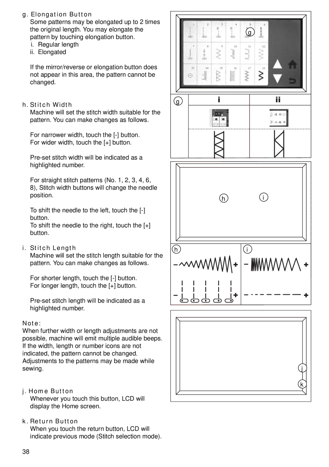 Singer 9985 instruction manual Elongation Button, Stitch Width, Stitch Length, Home Button, Return Button 