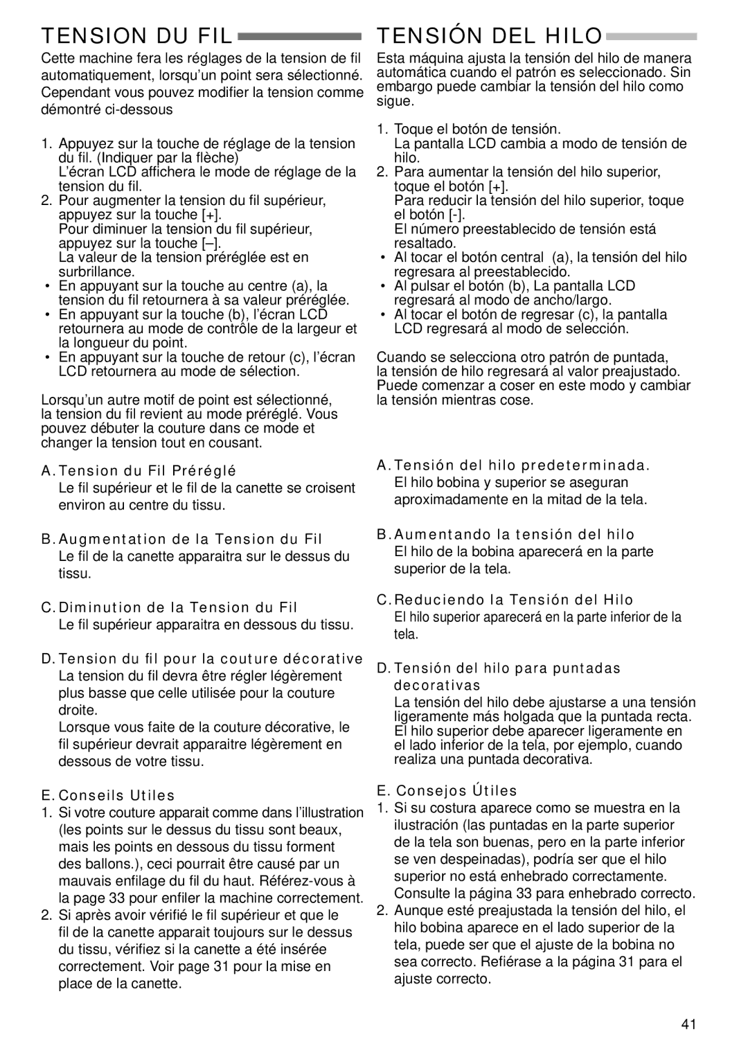 Singer 9985 instruction manual Tension DU FIL, Tensión DEL Hilo 