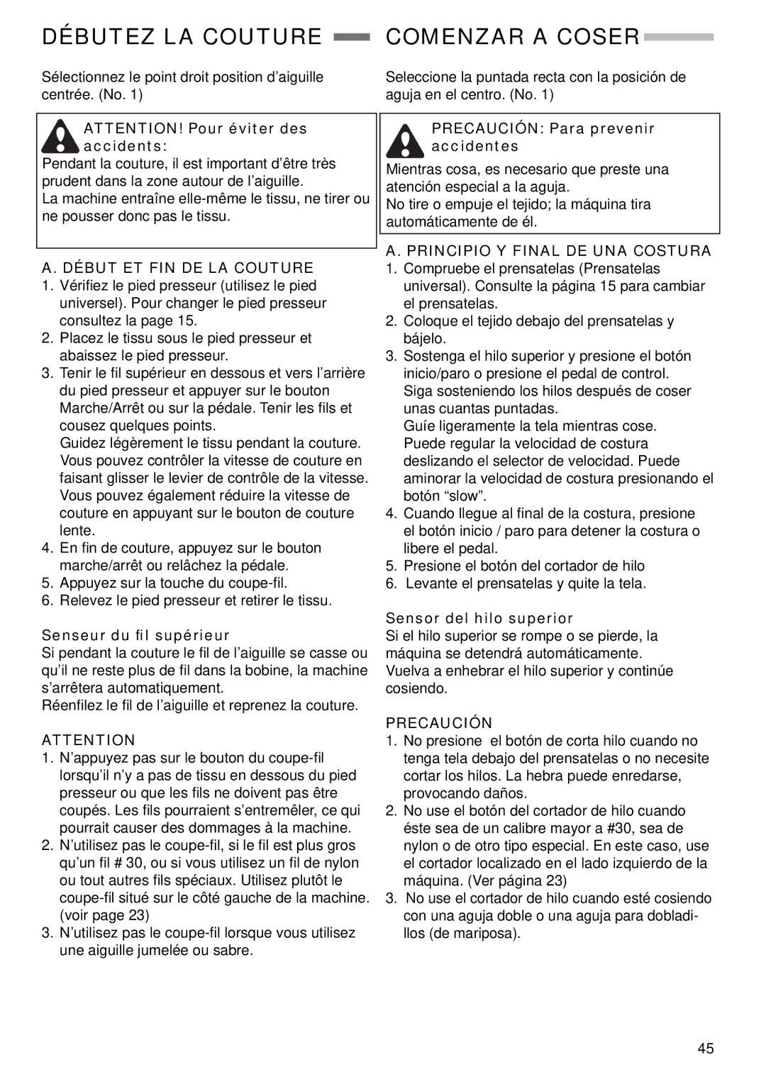 Singer 9985 instruction manual Débutez LA Couture Comenzar a Coser, Début ET FIN DE LA Couture, Senseur du ﬁl supérieur 