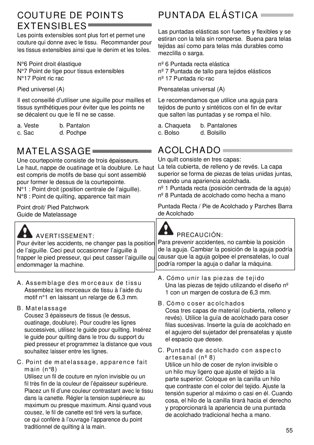 Singer 9985 instruction manual Couture DE Points Extensibles, Puntada Elástica, Matelassage, Acolchado 