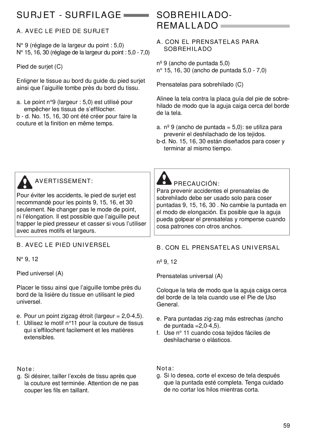 Singer 9985 instruction manual Surjet Surfilage, Sobrehilado Remallado 