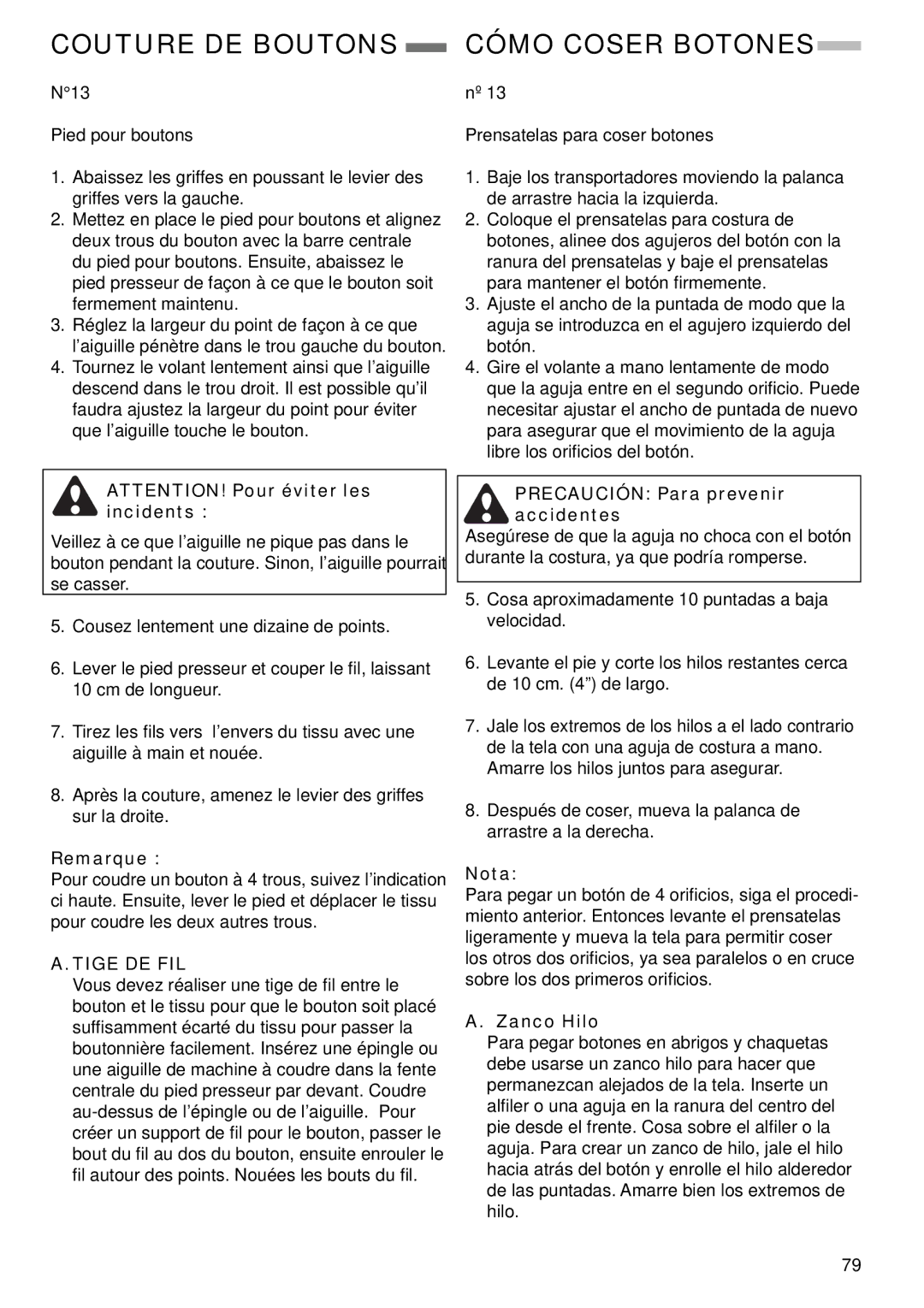 Singer 9985 instruction manual Couture DE Boutons Cómo Coser Botones, Tige DE FIL, Zanco Hilo 