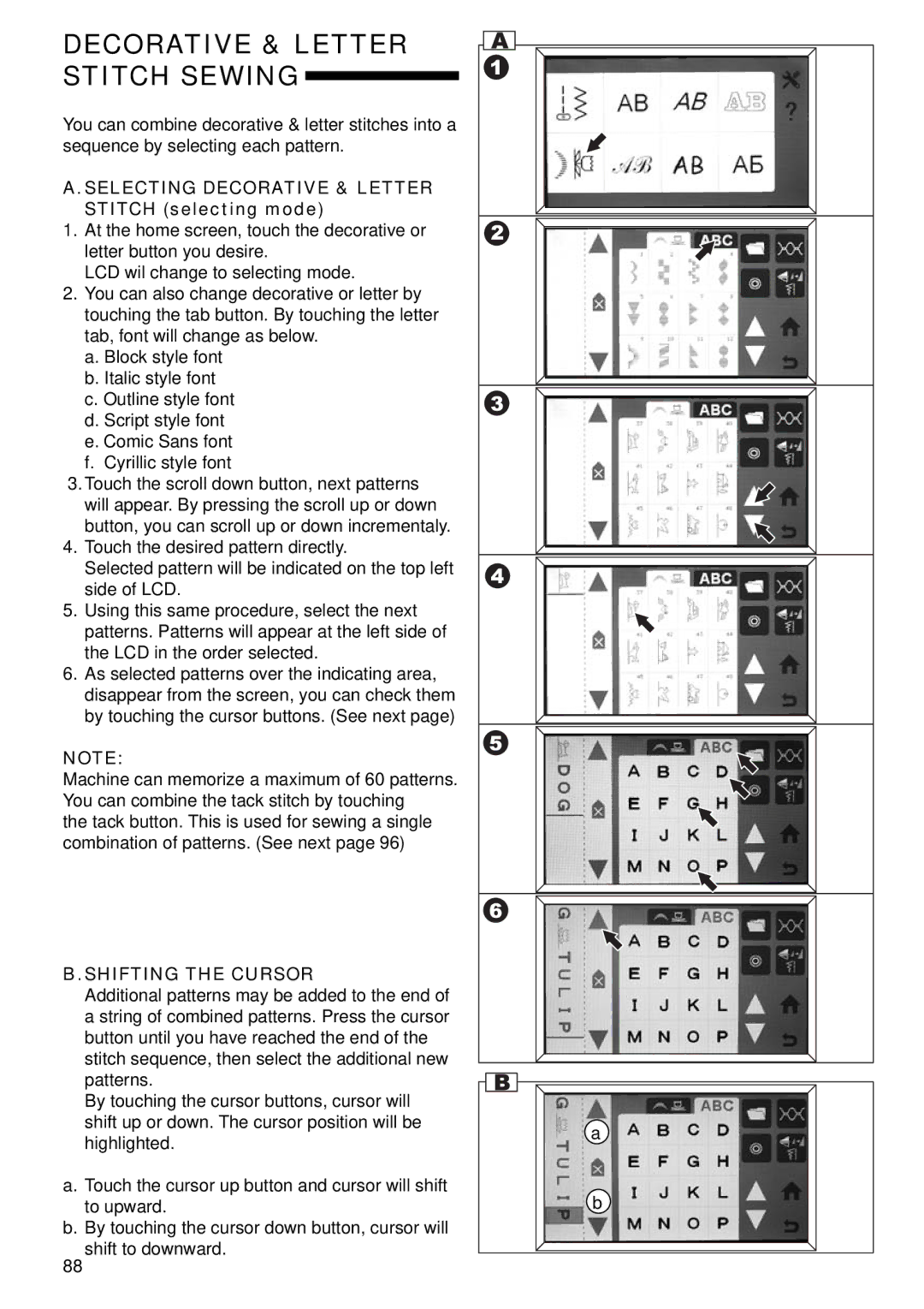 Singer 9985 Decorative & Letter Stitch Sewing, Selecting Decorative & Letter Stitch selecting mode, Shifting the Cursor 