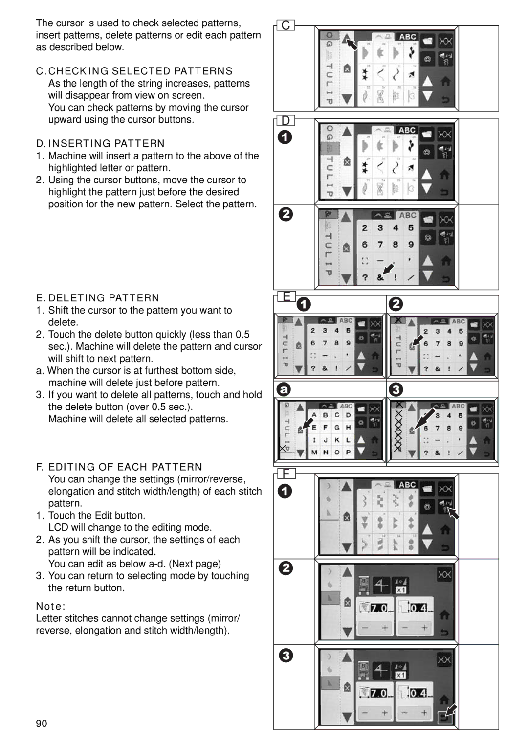 Singer 9985 instruction manual Inserting Pattern, Deleting Pattern, Shift the cursor to the pattern you want to delete 