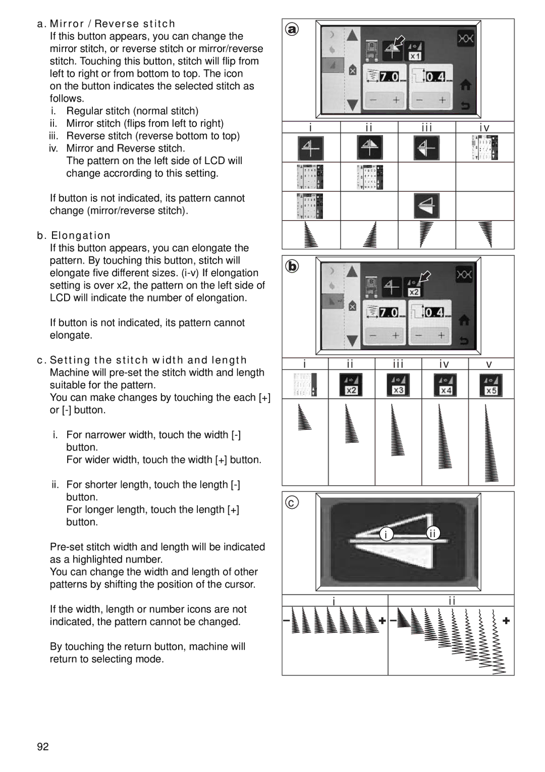 Singer 9985 instruction manual Mirror / Reverse stitch, Elongation, Setting the stitch width and length 