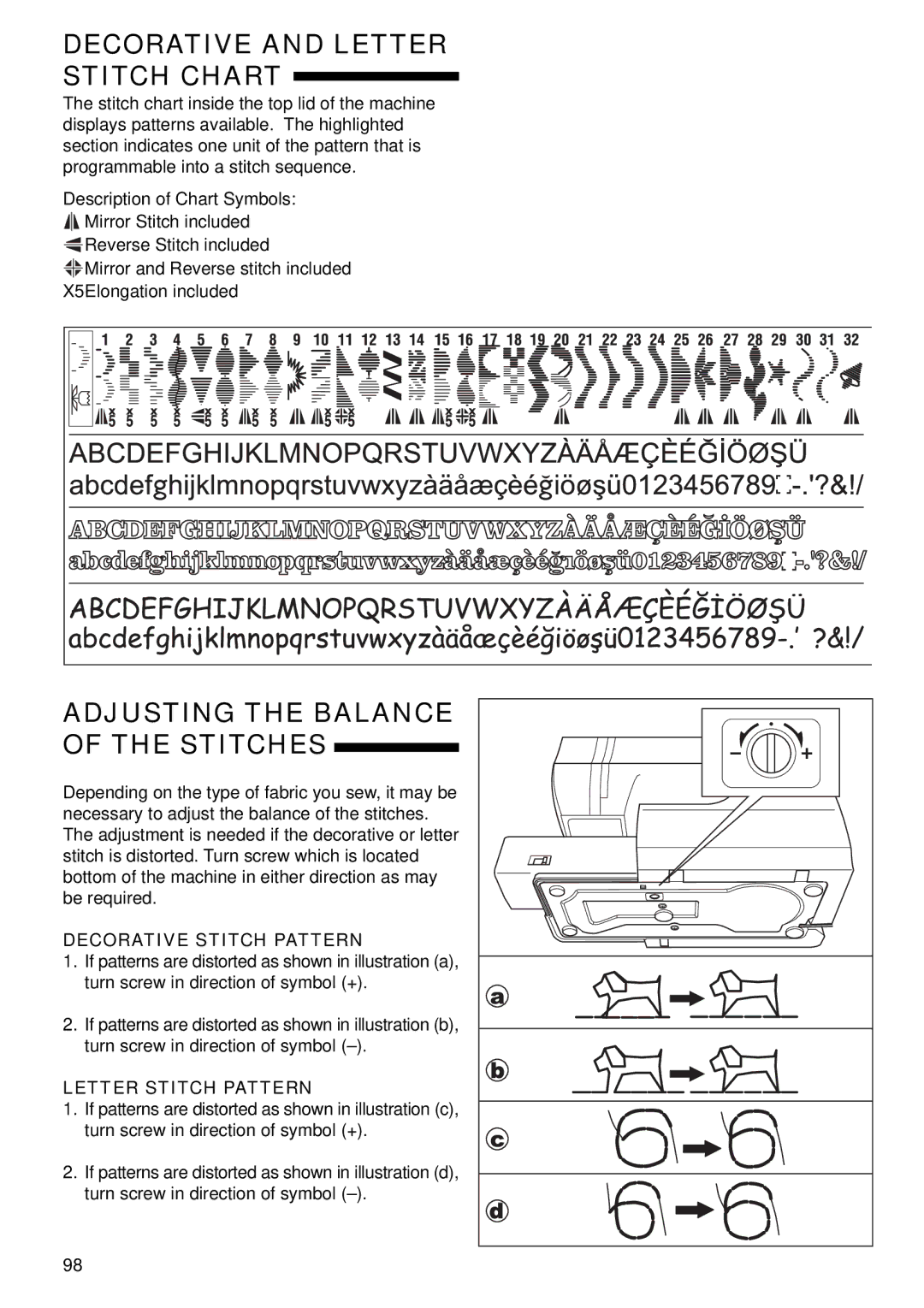 Singer 9985 Decorative and Letter Stitch Chart, Adjusting the Balance of the Stitches, Decorative Stitch Pattern 