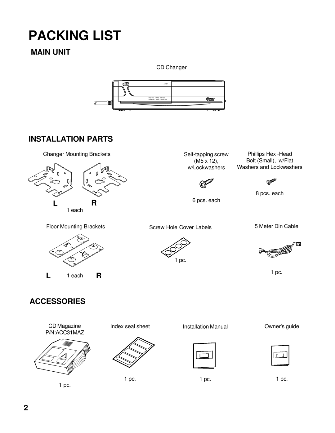 Singer ACC-31 installation manual Packing List, Installation Parts 