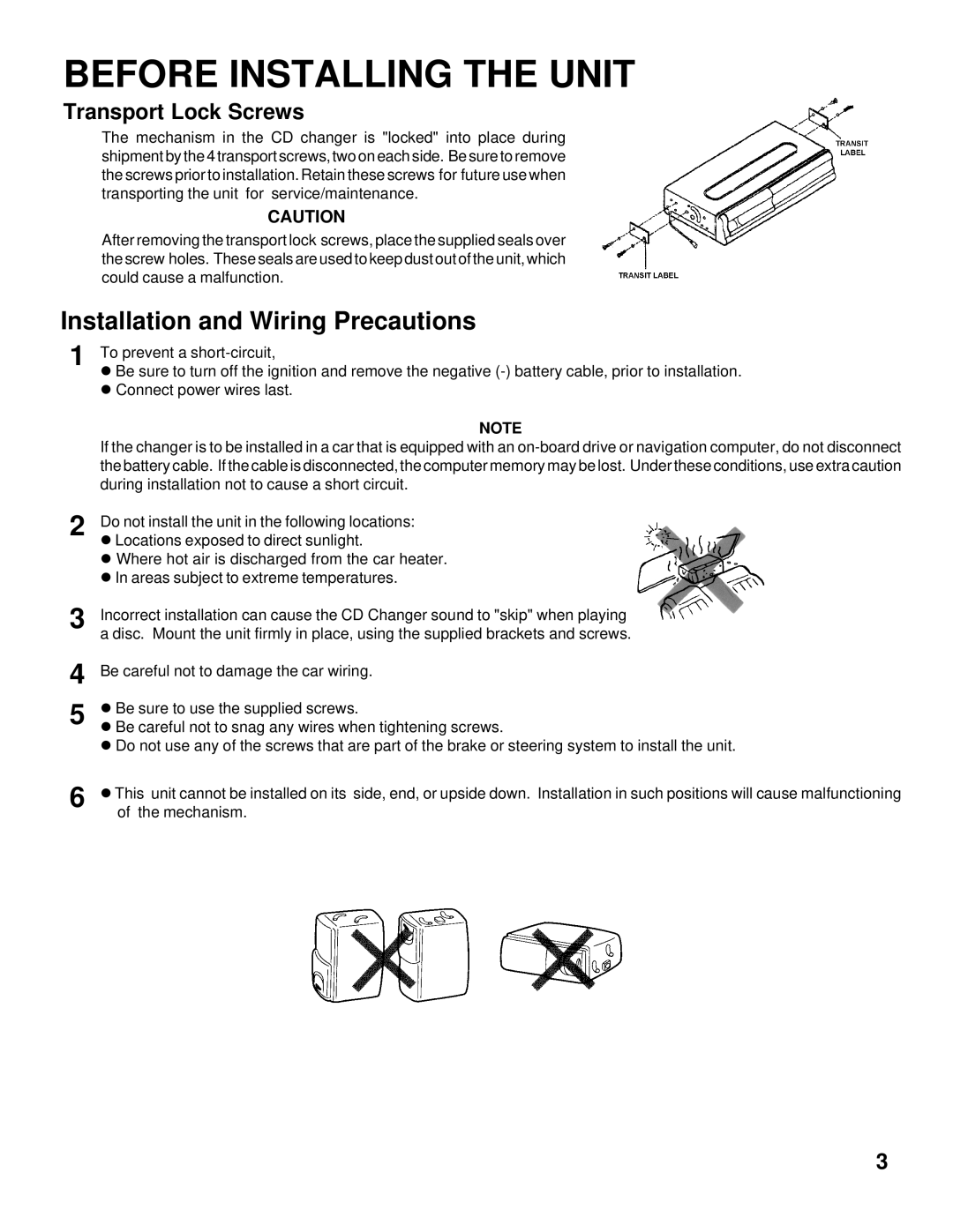 Singer ACC-31 installation manual Before Installing the Unit, Transport Lock Screws 