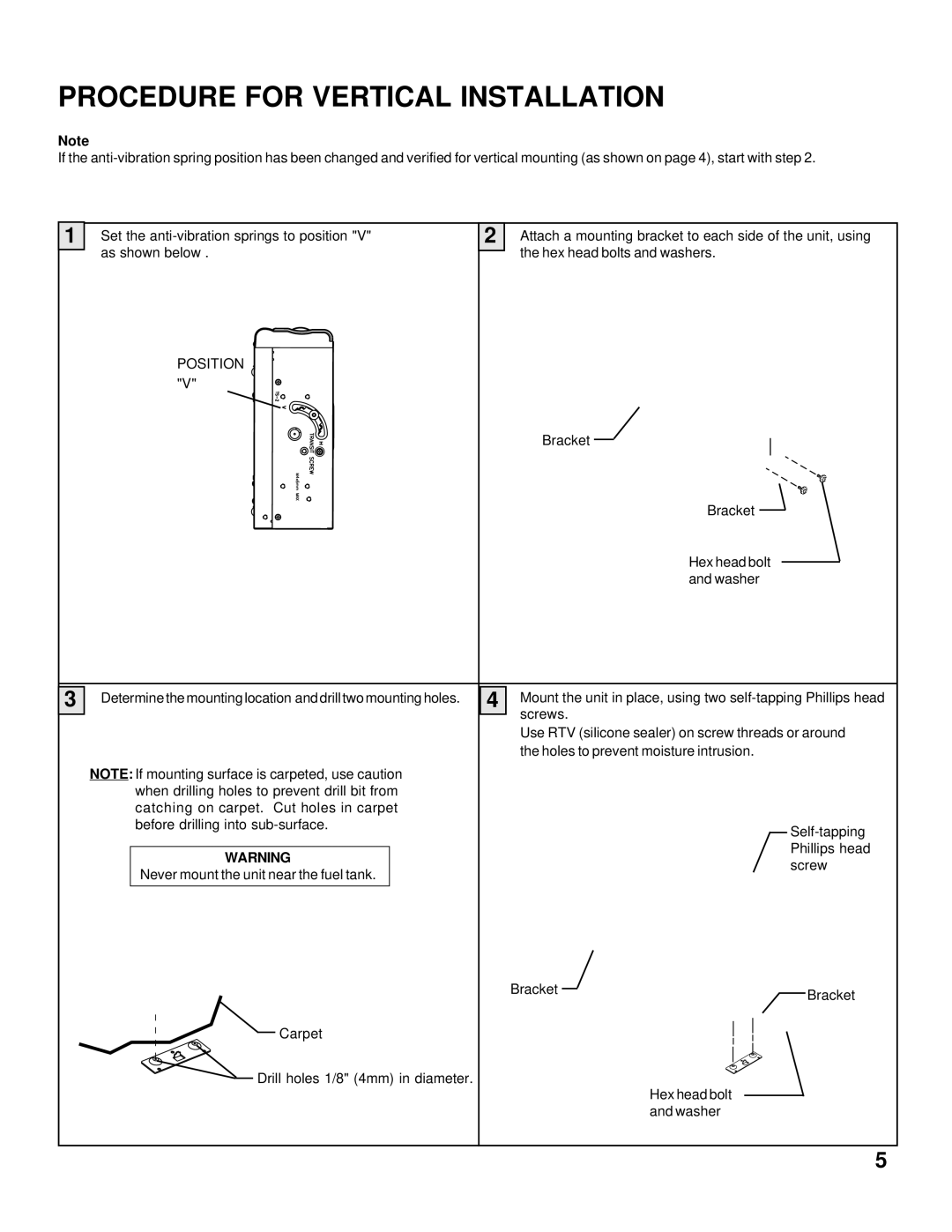 Singer ACC-31 installation manual Procedure for Vertical Installation, Bracket Hex head bolt and washer 