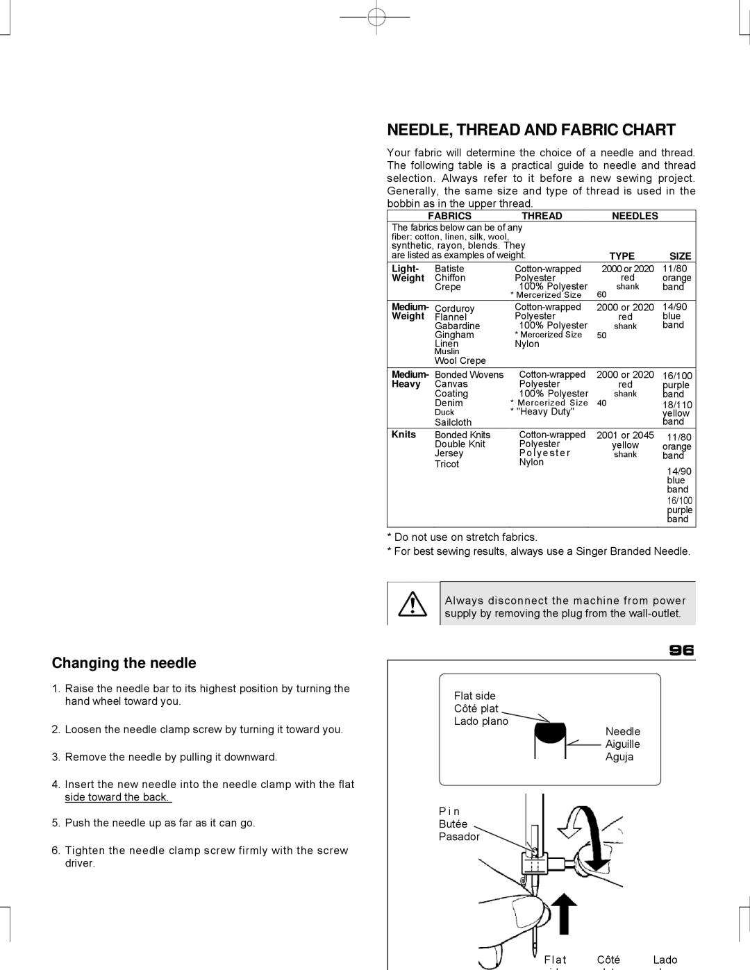 Singer CE-150 instruction manual NEEDLE, Thread and Fabric Chart, Changing the needle 
