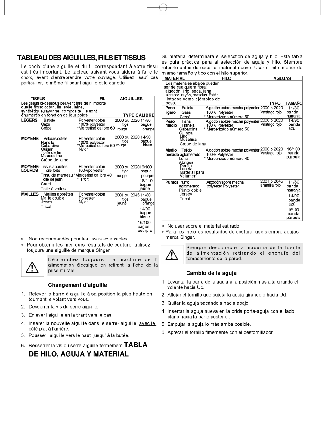 Singer CE-150 instruction manual Tableau DES AIGUILLES, Fiils ET Tissus, DE HILO, Aguja Y Material 